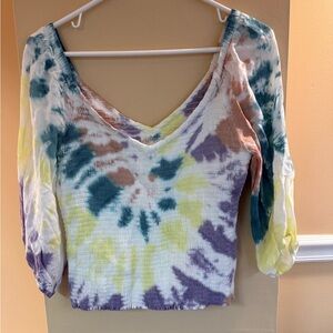Cleobella Tie-Dye V-Neck Blouse in Purple, Yellow, and Teal